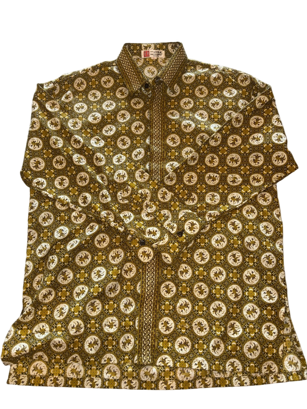 Vintage ADRM Dua Sekawan Indonesian Batik Shirt Mens 3L Brown Gold Button Front - Picture 6 of 7